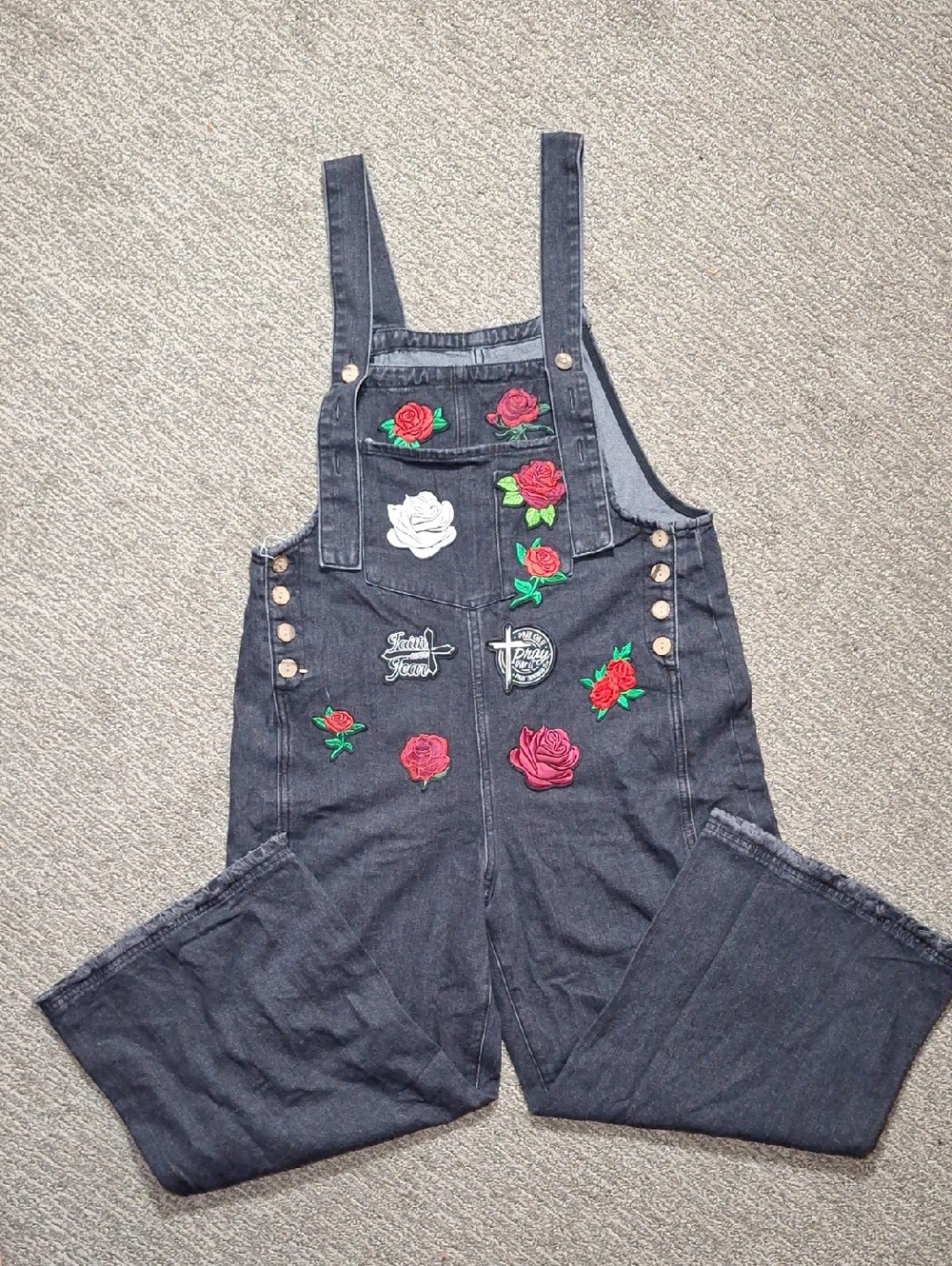 Upcycled Embroidered Rose Denim Overalls - Black